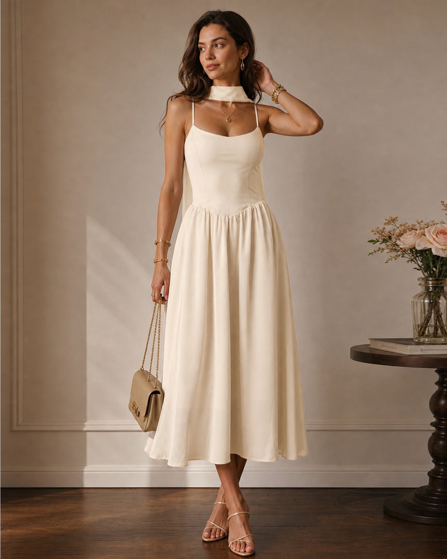 Apricot Flowy Slip Chiffon Midi Dress - RIHOAS - 01