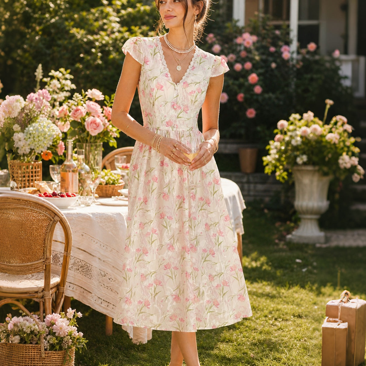 Pink V Neck Lace Floral Midi Dress & Reviews - Pink - Dresses