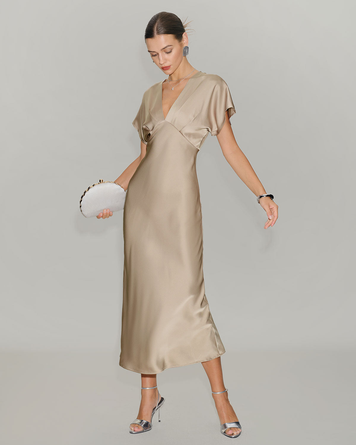 Apricot Satin V Neck A-Line Midi Dress - RIHOAS - 02