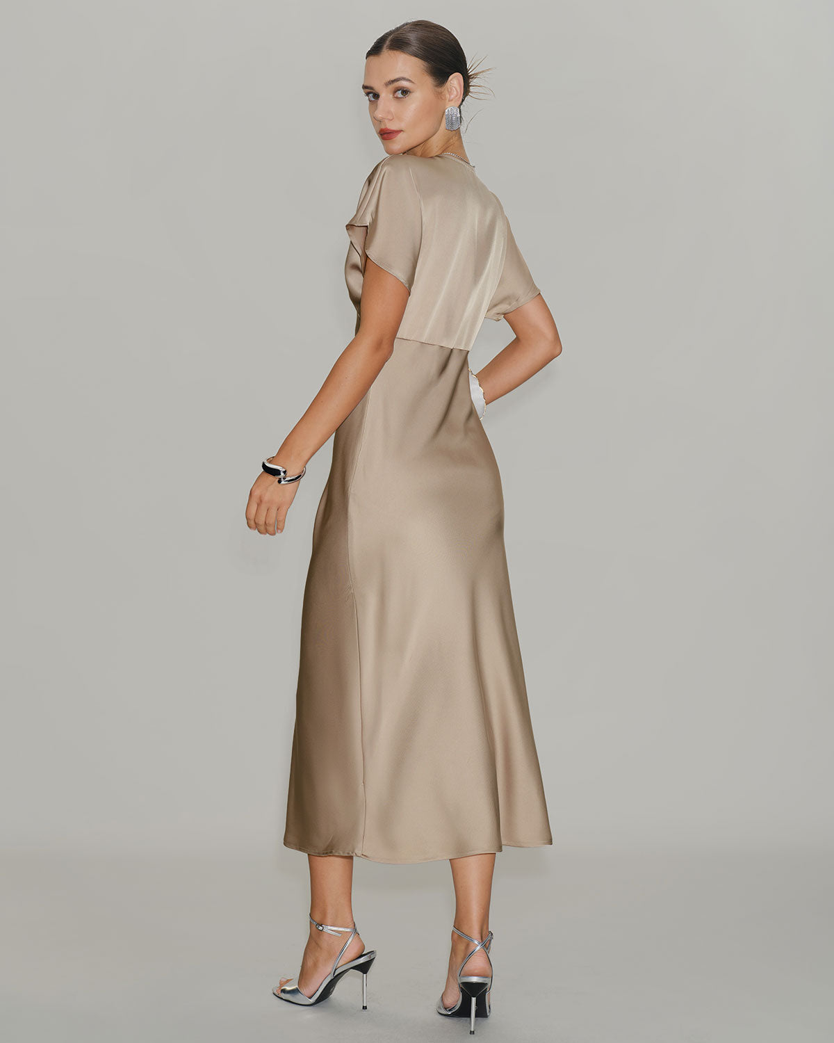 Apricot Satin V Neck A-Line Midi Dress - RIHOAS - 03