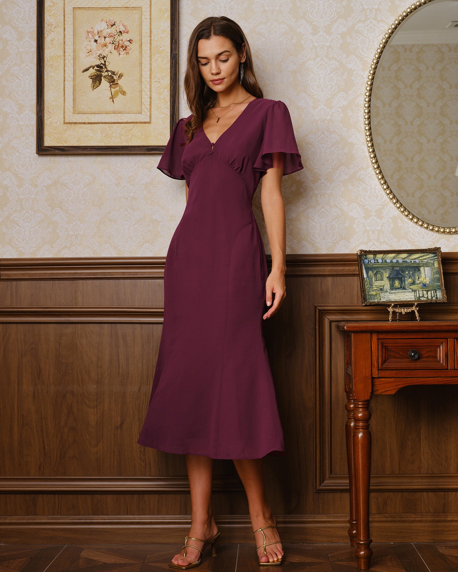 Wine Red V Neck Mermaid Midi Dress - RIHOAS - 04