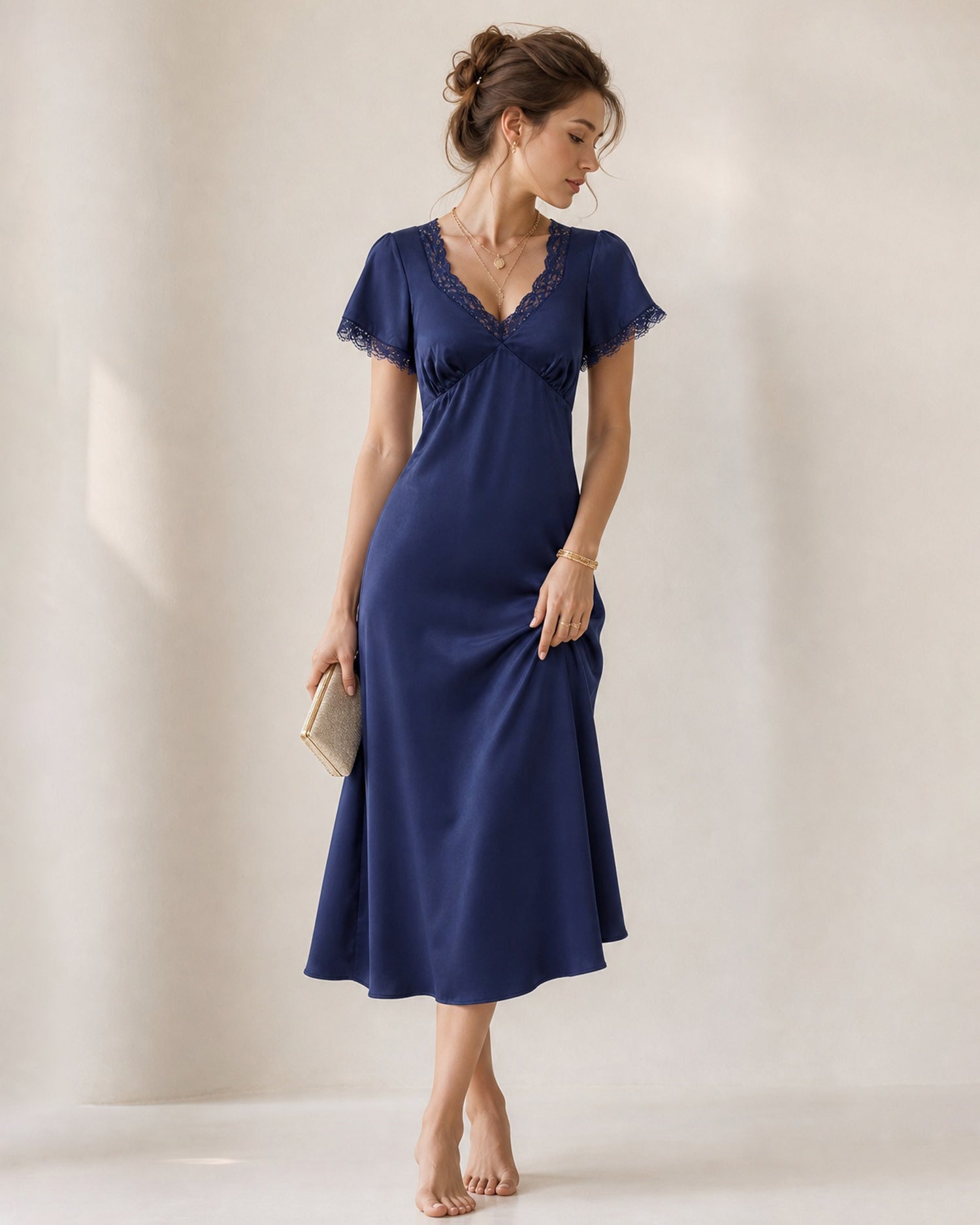 Navy V Neck Lace Satin Midi Dress - RIHOAS - 03