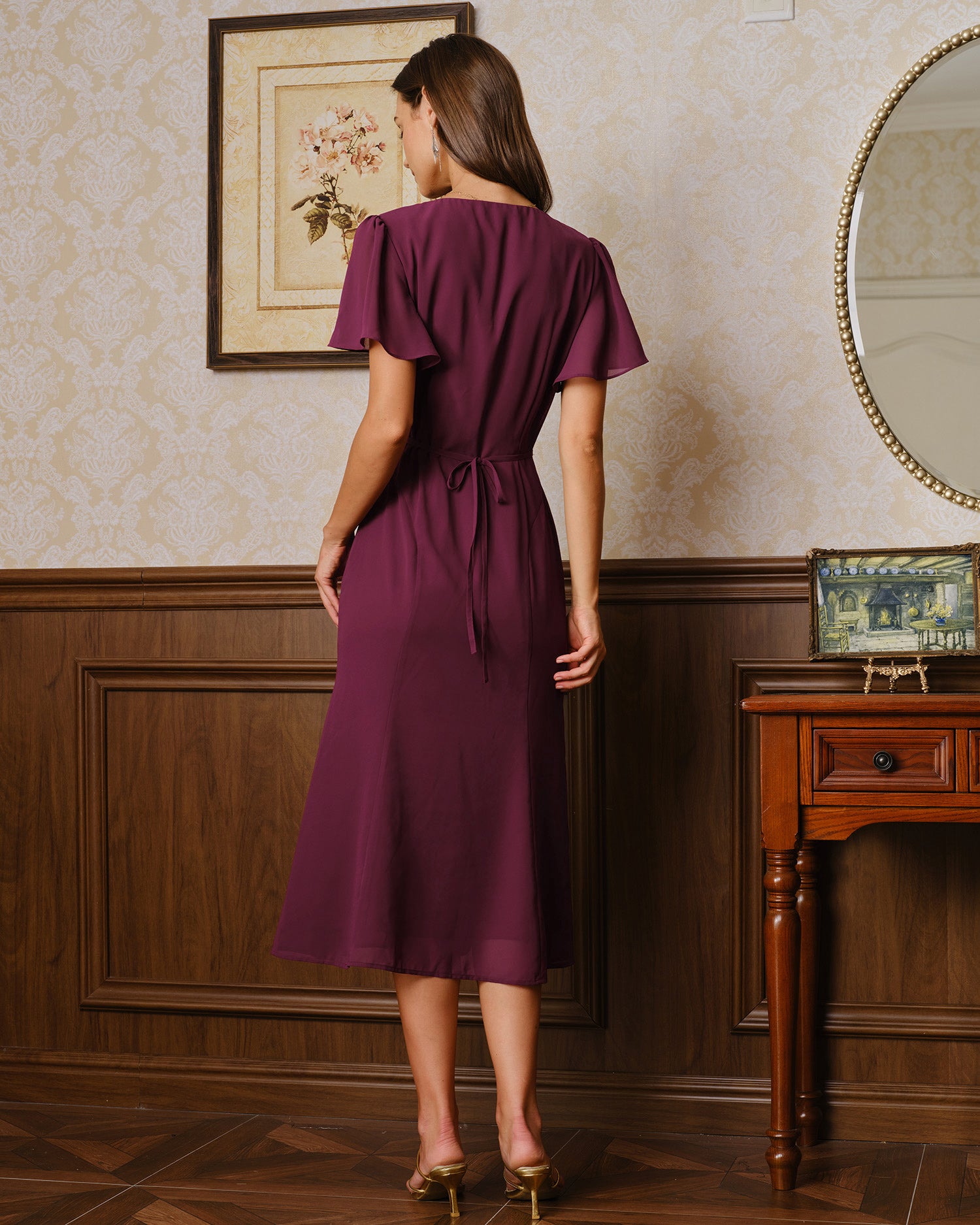 Wine Red V Neck Mermaid Midi Dress - RIHOAS - 07