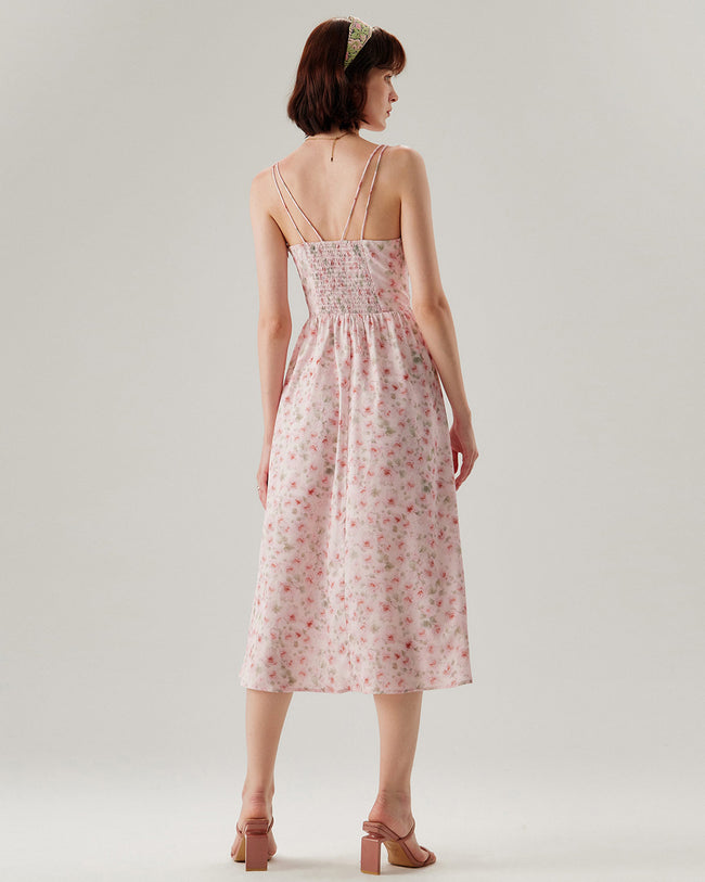 Pink Floral Shirred Slip Midi Dress - RIHOAS