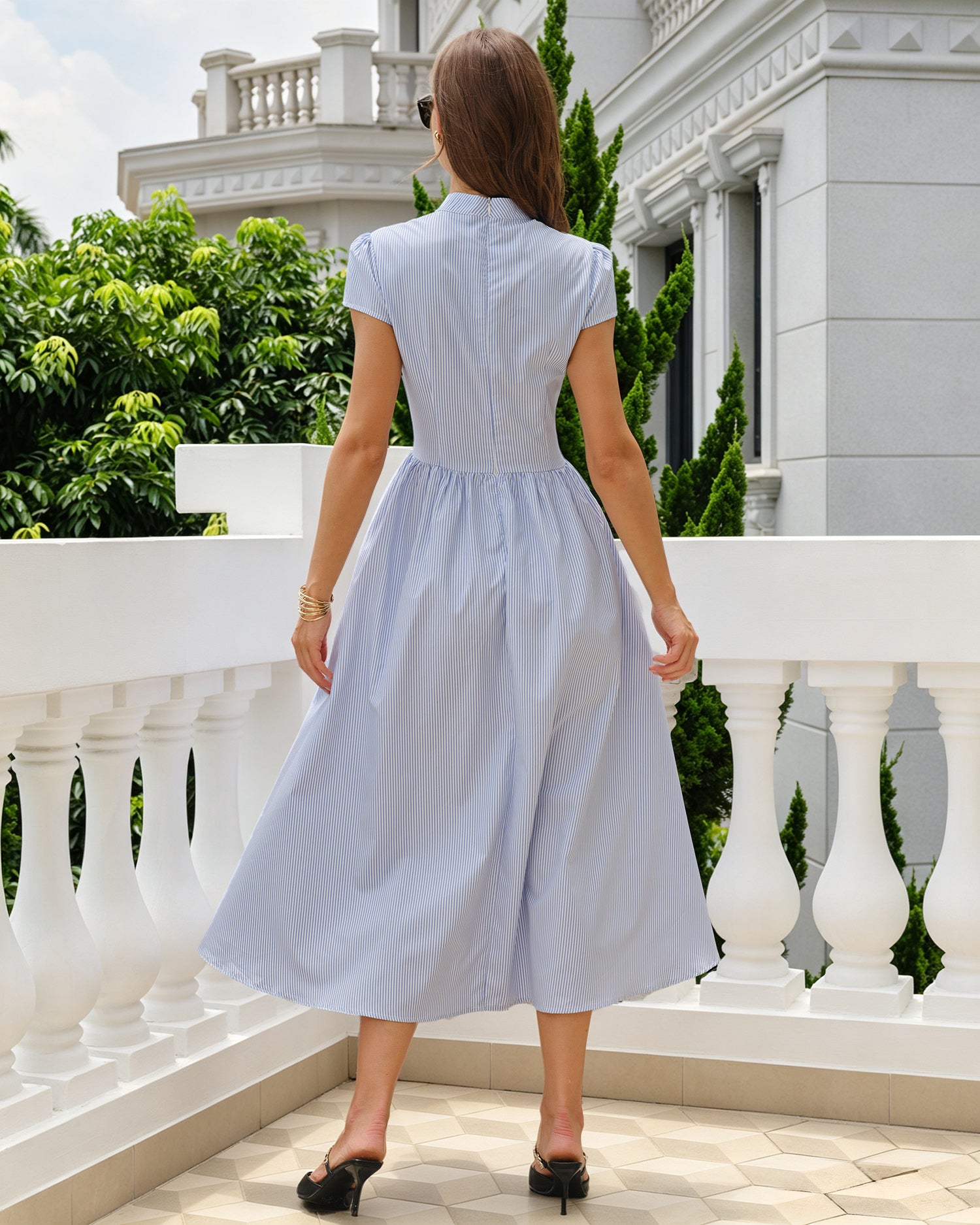 Blue Mock Neck Striped Midi Dress - RIHOAS - 06