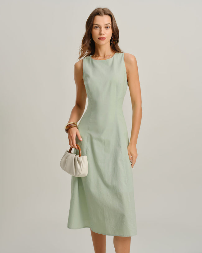 Women's Woven Polyester Midi Dresses Green Dresses - RIHOAS