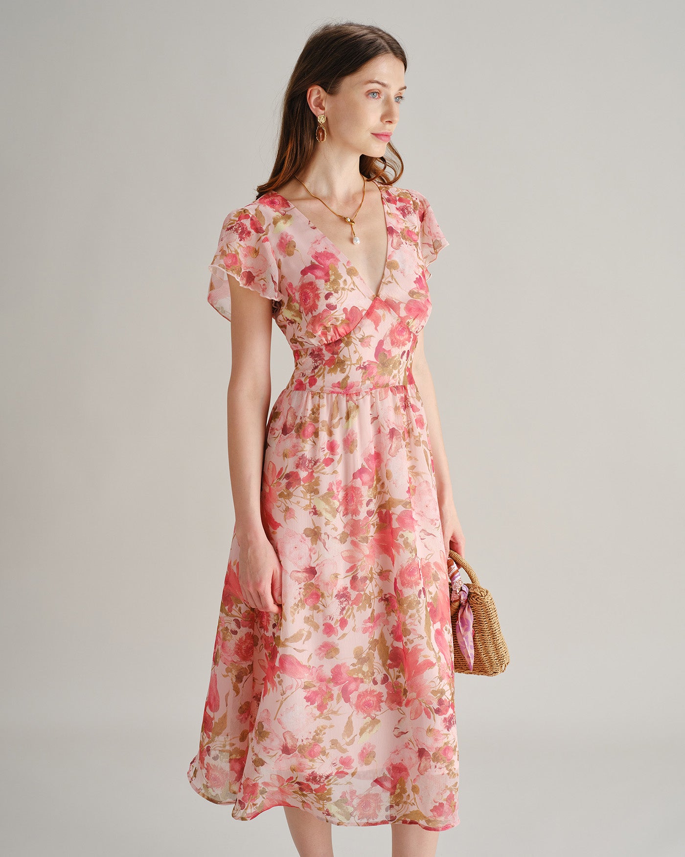 Women's Woven Polyester Midi Dresses Pink Dresses - RIHOAS