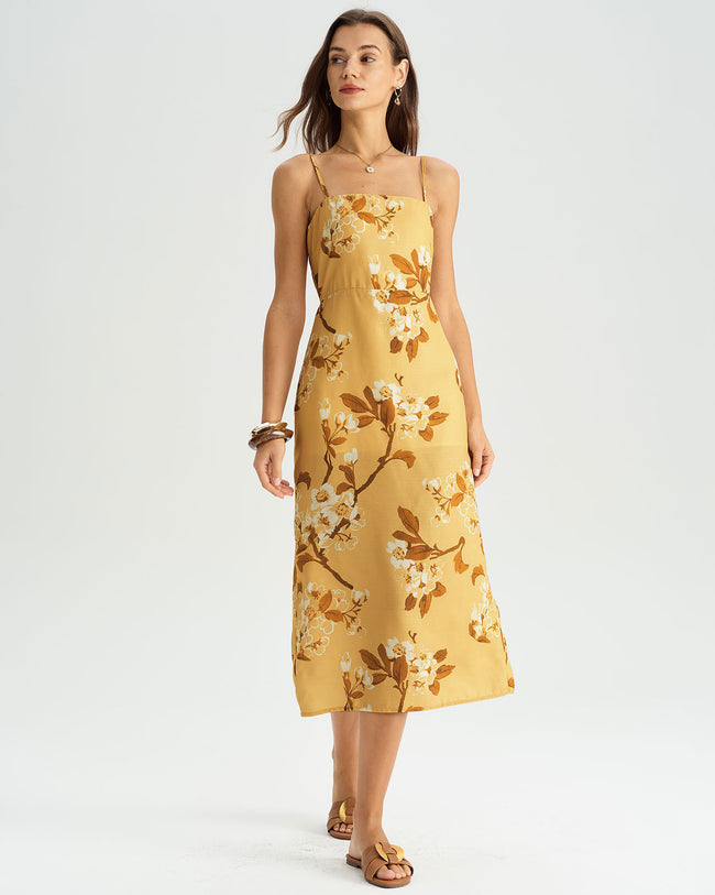 Women's Woven Polyester Midi Dresses Yellow Dresses - RIHOAS