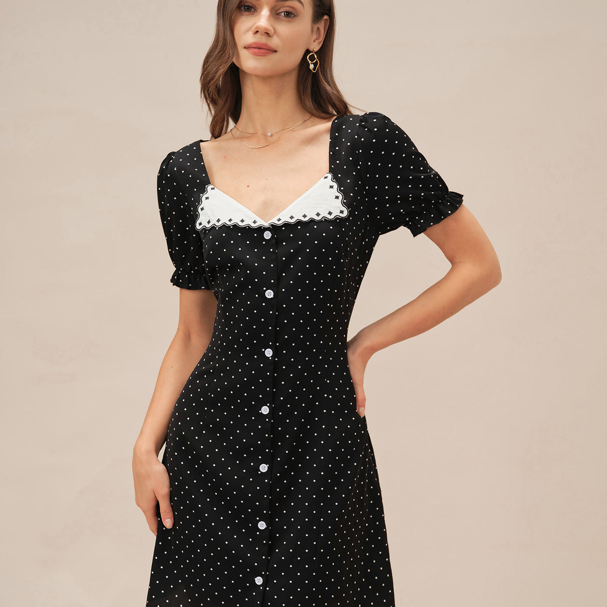 polka dot black dress Rihoas French Chic Polka-Dot Ruched Bust Open-Back Maxi with a Matching Scarf, / XL effortlessly chic Black V Neck Polka Dot