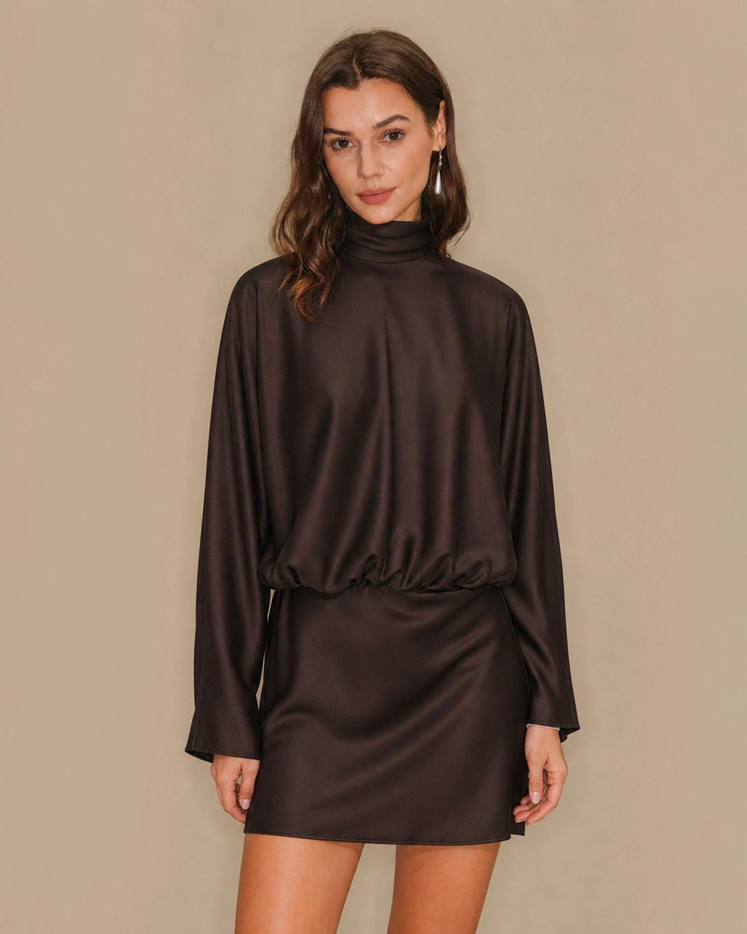 Women's Woven Polyester Mini Dress Coffee - RIHOAS