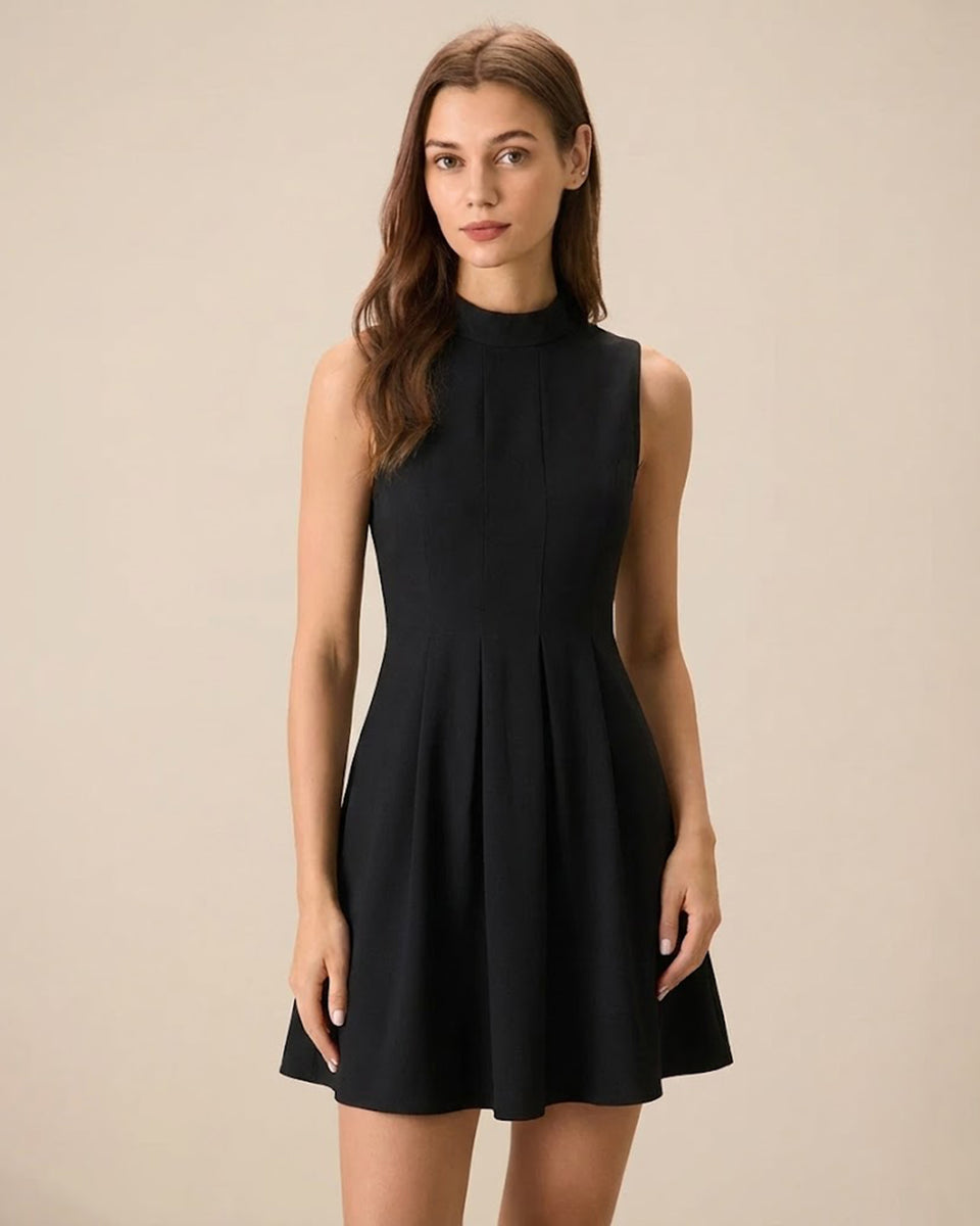 green emerald velvet dress Modal High-Neck Open-Back Mini Dress in Black - L / Regular main image 0