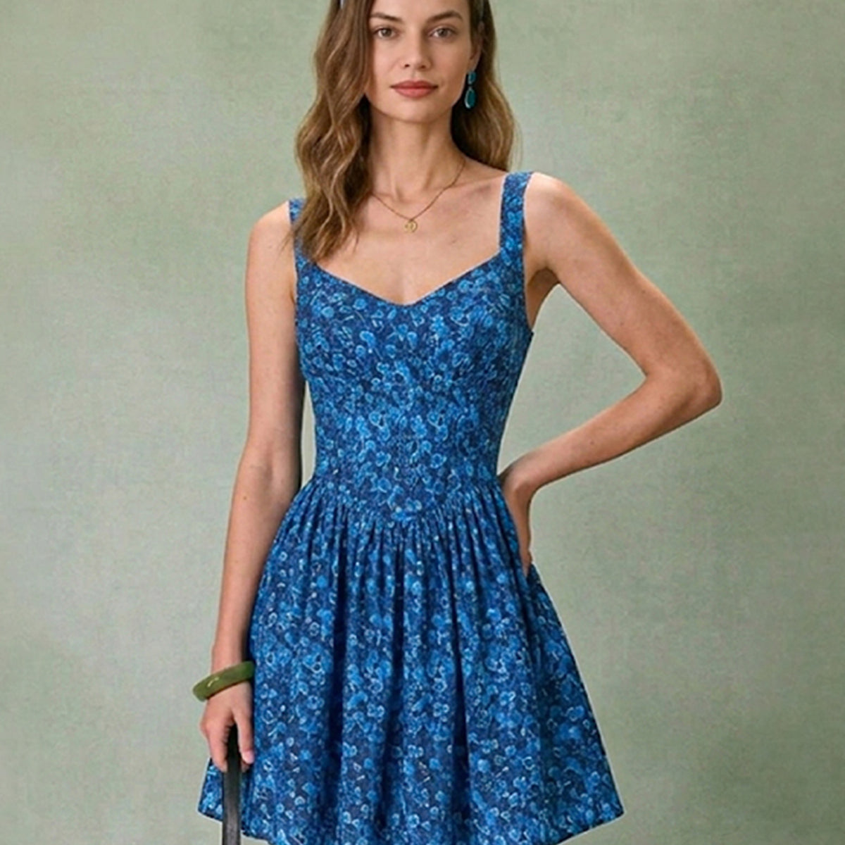 Blue Floral U-Neck Shirred Mini Dress & Reviews - Blue - Dresses