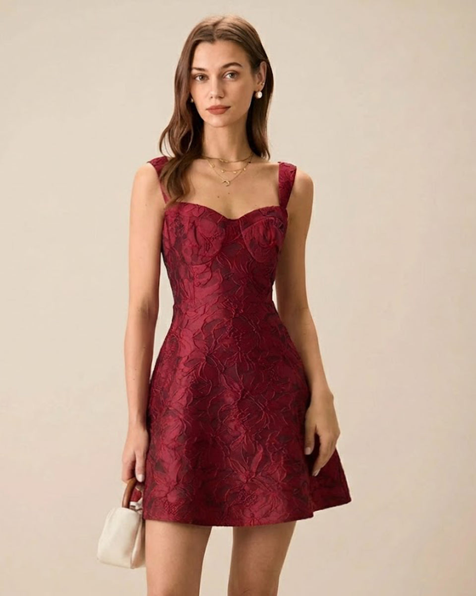 Wine Red Sweetheart Neck Jacquard Mini Dress & Reviews - Wine Red - Dresses | RIHOAS Wine Red Sweetheart Neck Jacquard Mini Dress & Reviews - Wine Red - Dresses | RIHOAS