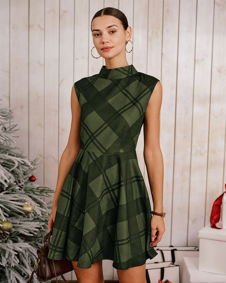 Green Plaid Mock Neck Sleeveless Mini Dress & Reviews - Green