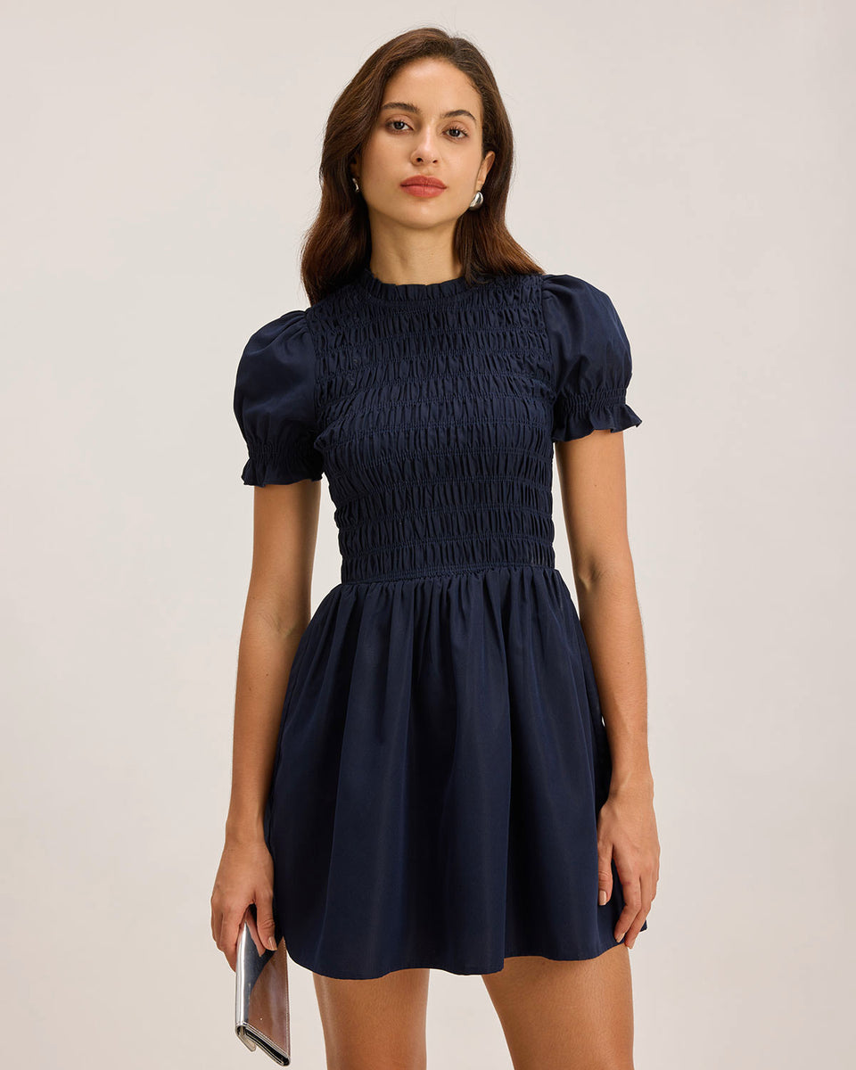 Blue Shirred Puffed Sleeve Mini Dress & Reviews - Blue - Dresses | RIHOAS