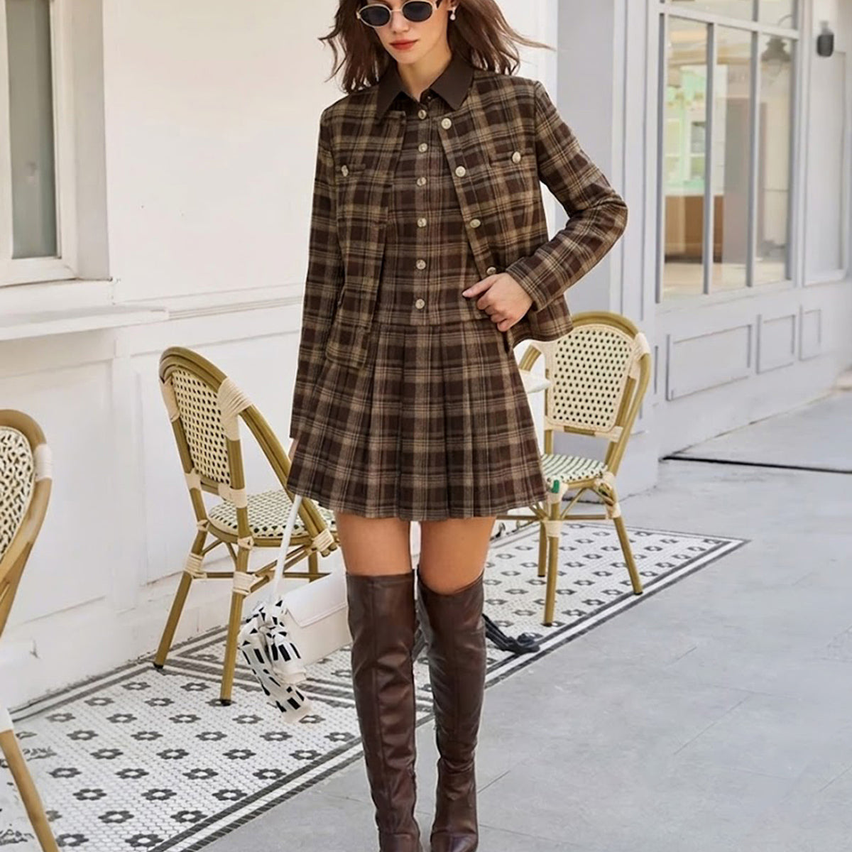 Brown Plaid Pleated Sleeveless Mini Dress & Reviews - Brown - Dresses