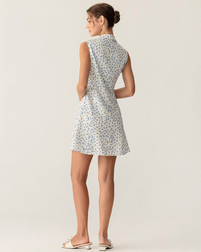 Blue Floral Pocket Sleeveless Mini Dress  - RIHOAS