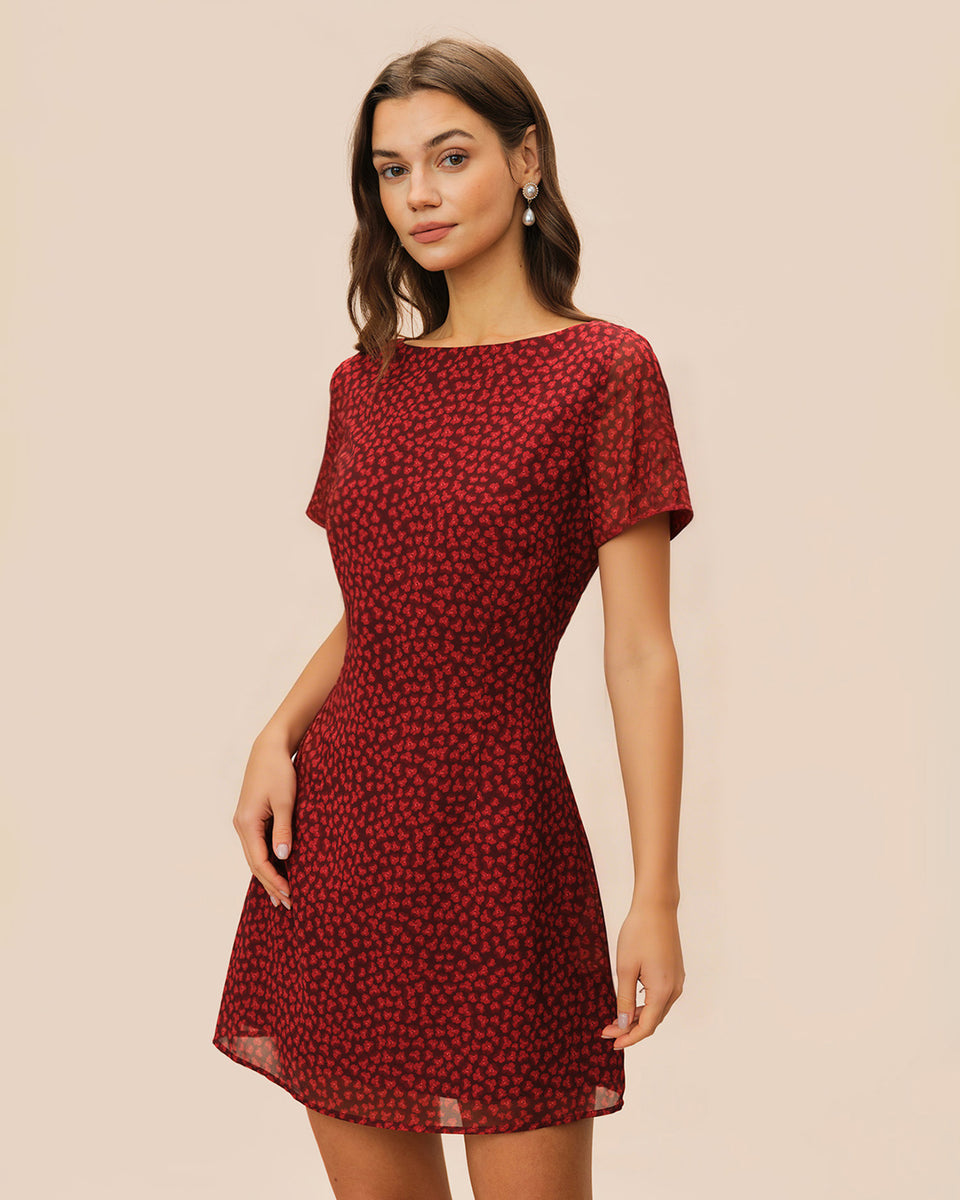 Red Boat Neck Floral Mini Dress & Reviews - Red - Dresses