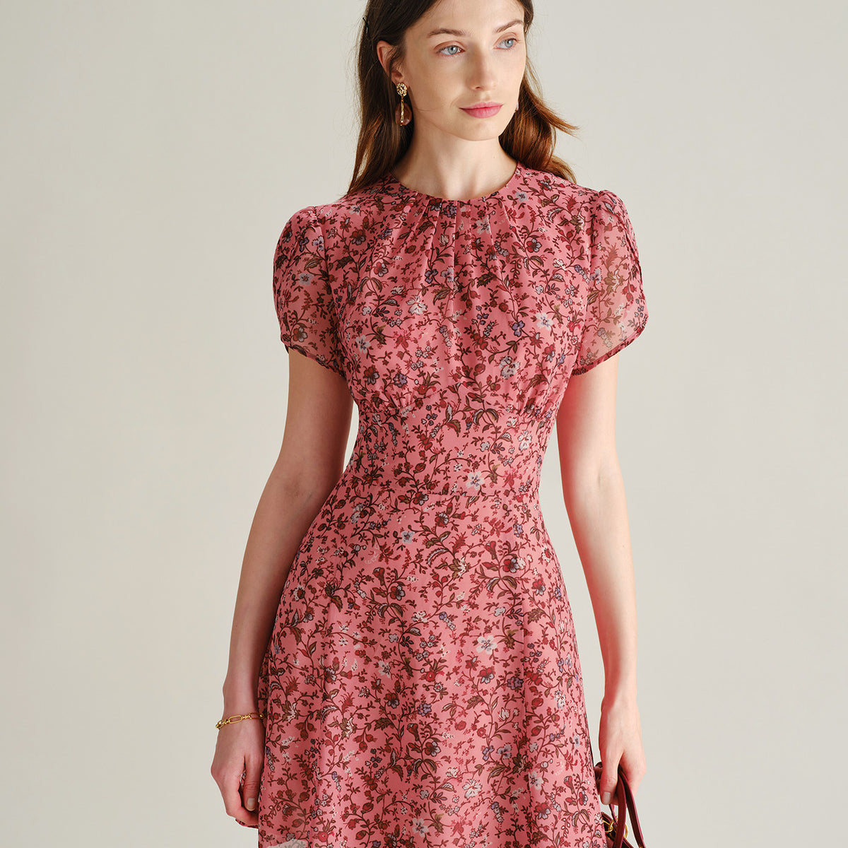 Pink Floral Ruffle Chiffon Mini Dress & Reviews - Pink - Dresses