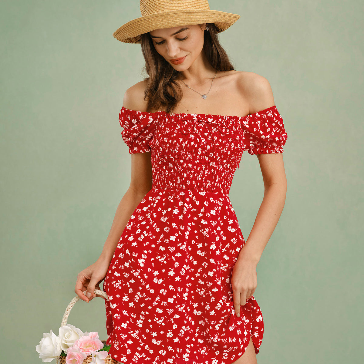 Red Square Neck Floral Mini Dress & Reviews - Red - Dresses