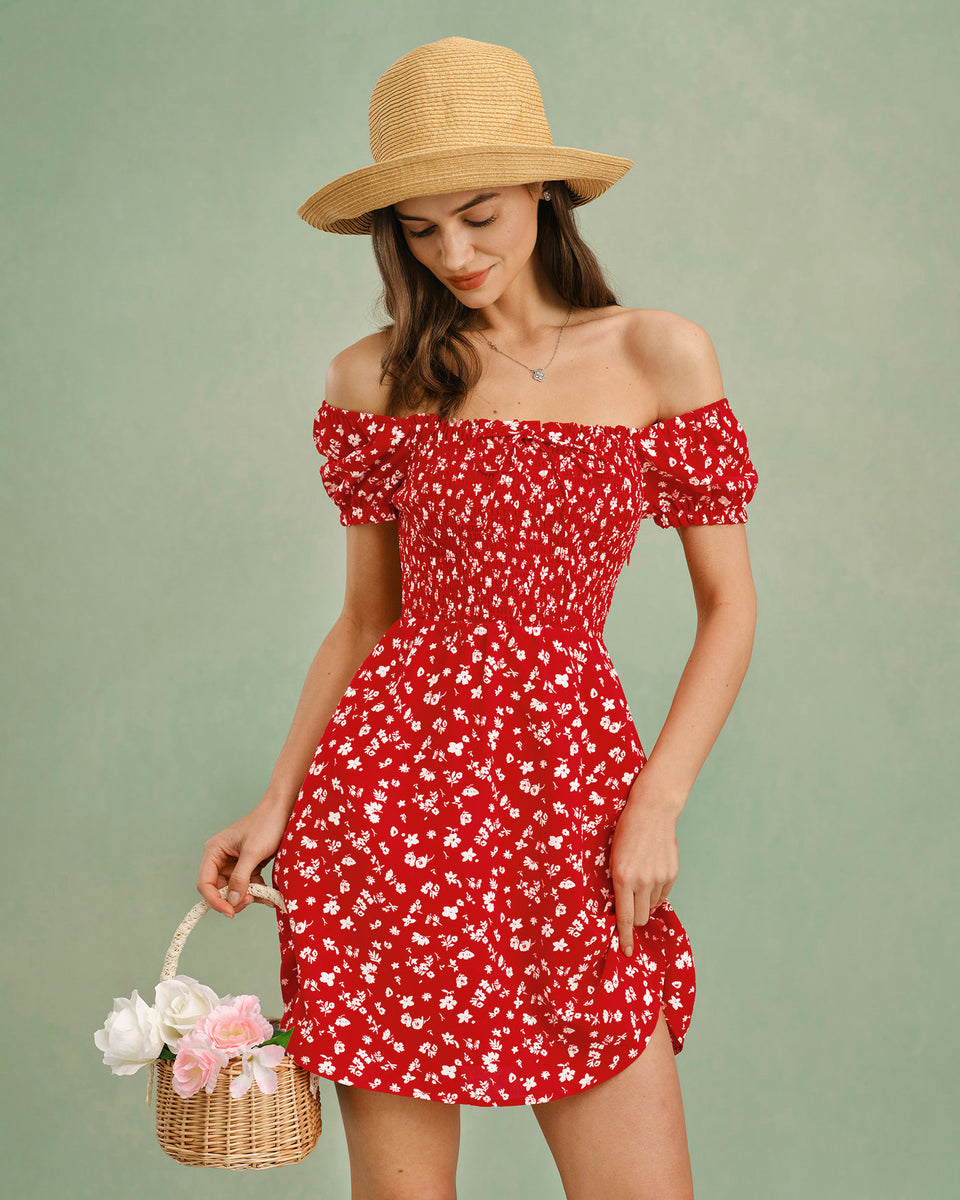 Rihoas Ditsy Floral Square Neck Puff Sleeve Mini Dress | Tie Front A-Line for Graduation, Bridal Shower, Causal, Red / S
