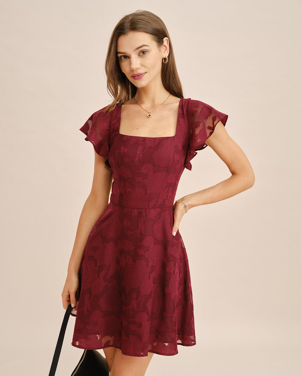Wine Red Square Neck Jacquard Mini Dress & Reviews - Wine Red - Dresses