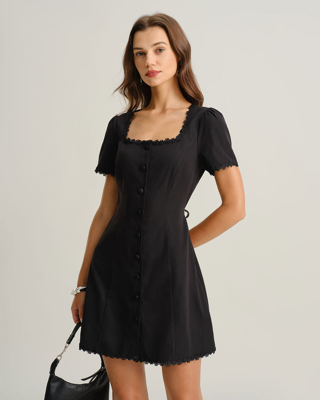 Women's Woven Polyester Mini Dresses Black Dresses - RIHOAS