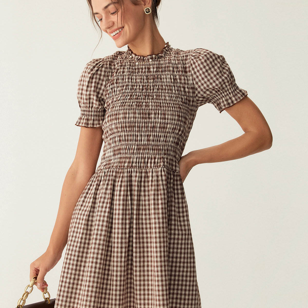 coffee plaid puffed sleeve mini dress Rihoas Cottagecore Gingham Smocked Puff-Sleeve Cotton Midi Dress, Coffee / S