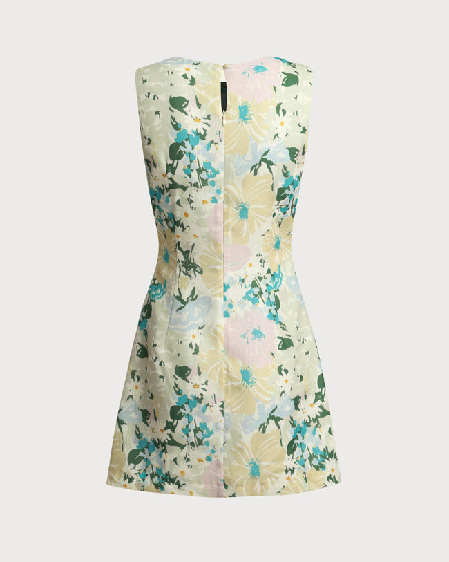 Green Floral Plant Sleeveless Mini Dress