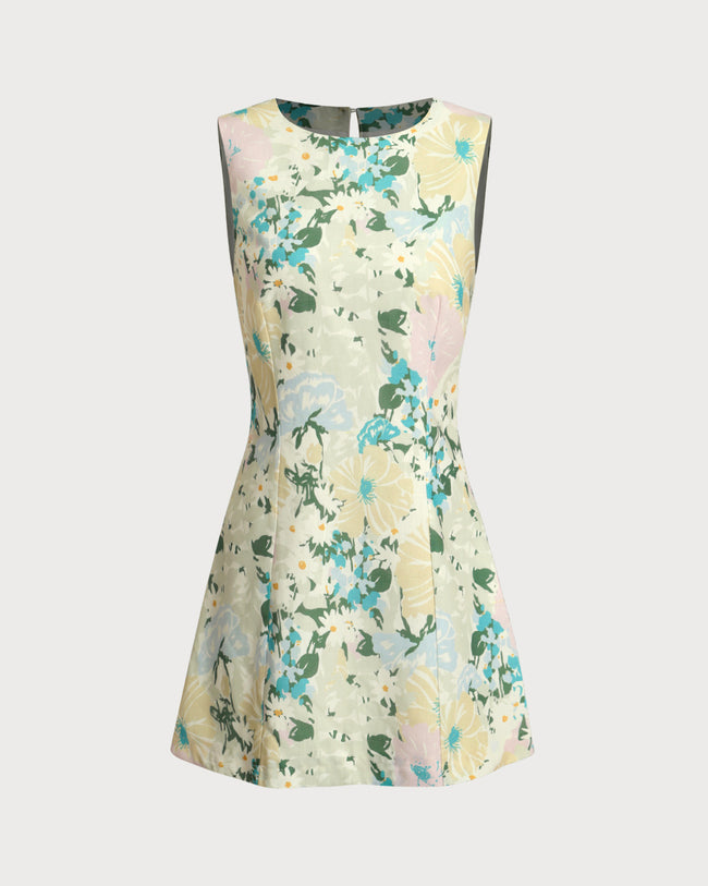 Green Floral Plant Sleeveless Mini Dress