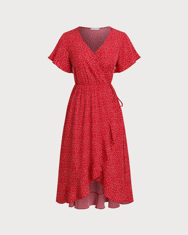 Plus Size Red V Neck Polka Dot  Midi Dress