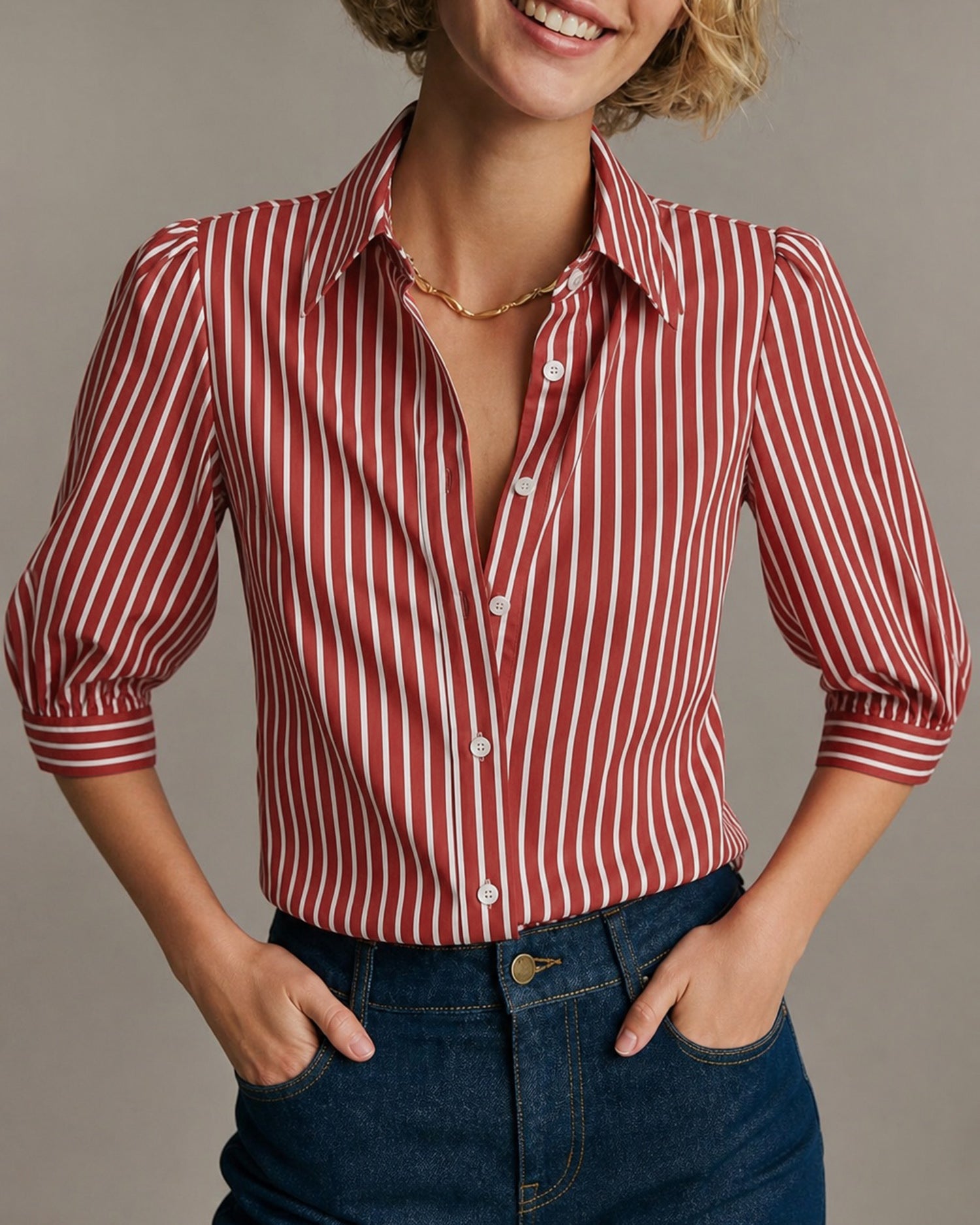 Red Collar Button Striped Shirt 01