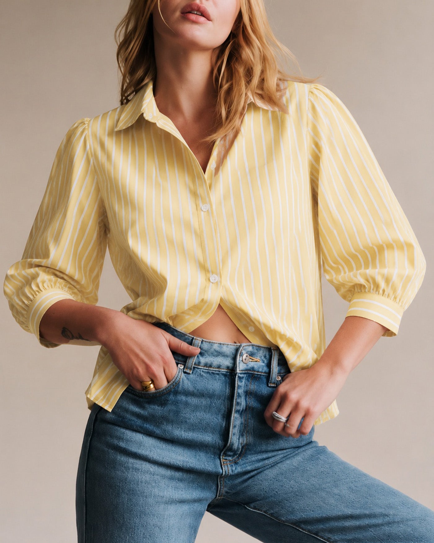 Women's Woven Polyester Shirt Yellow Tops - RIHOAS