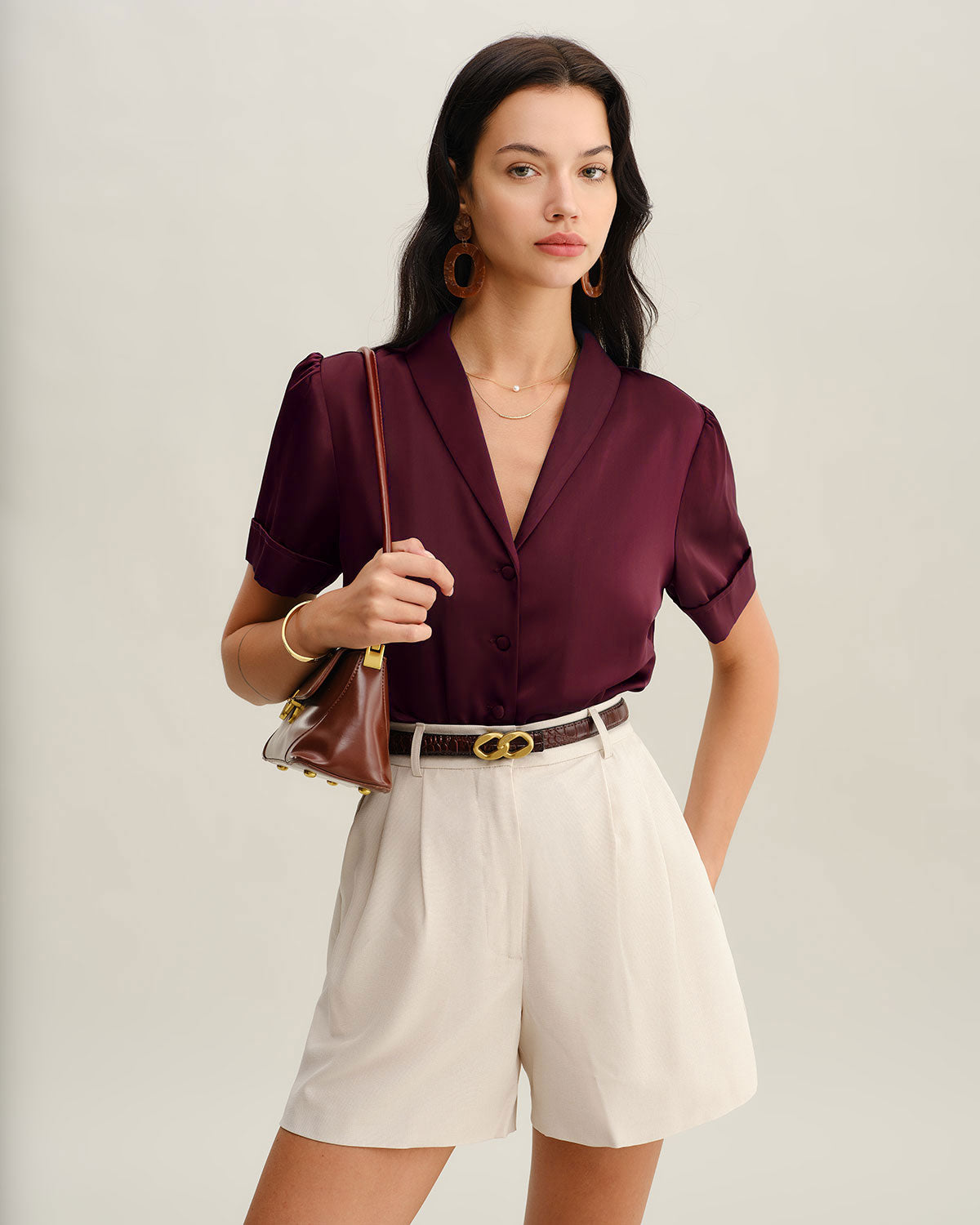 Women's Woven Polyester Shirts Wine Red Tops - RIHOAS