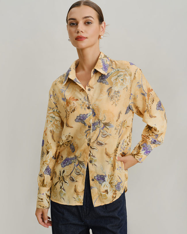 Women's Woven Polyester Shirts Yellow Tops - RIHOAS