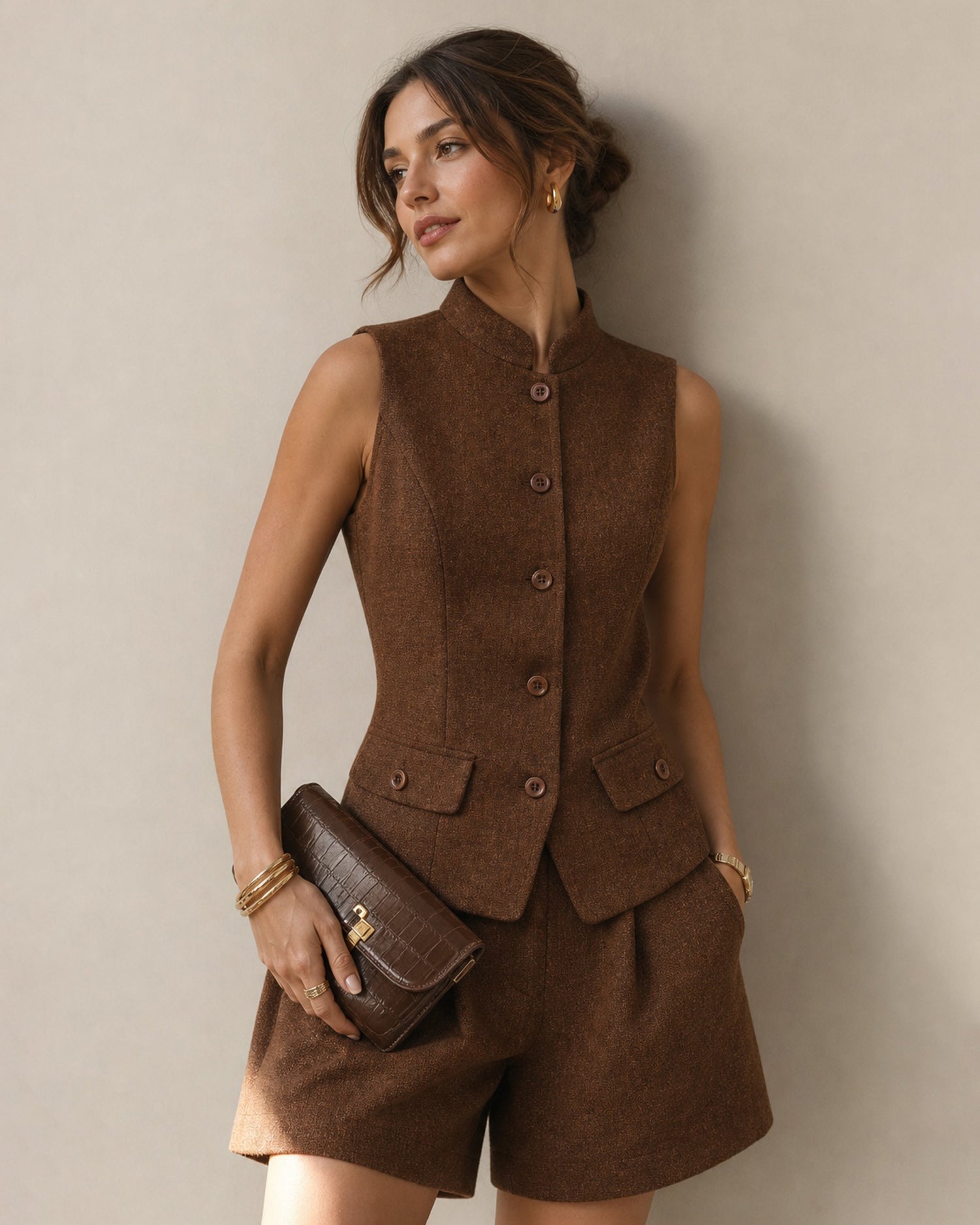 Brown Sleeveless Pockets Button Tank Top - RIHOAS - 02