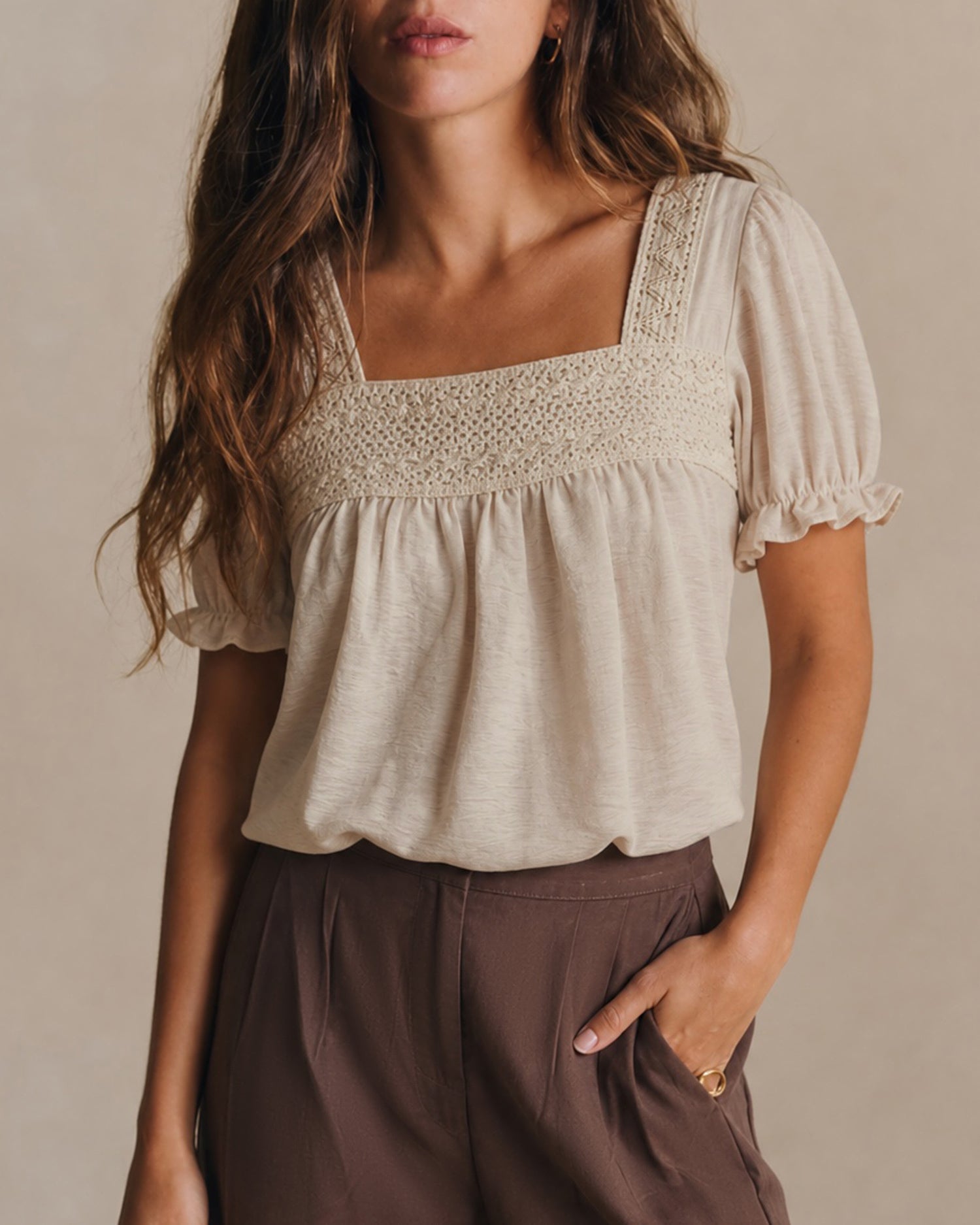 Women's Woven Polyester Top Beige Tops - RIHOAS