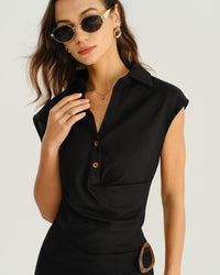 Women's Woven Polyester Top Black Tops - RIHOAS