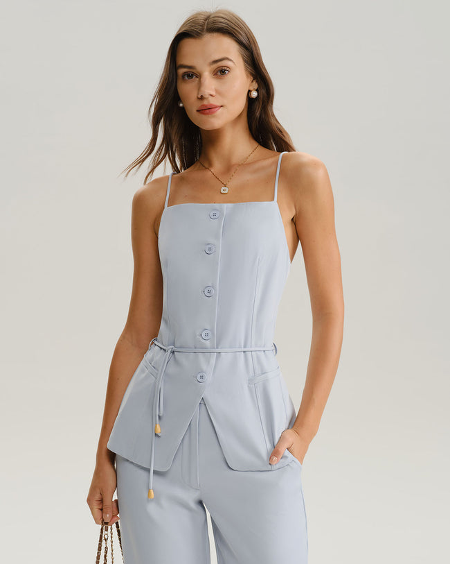 Women's Woven Polyester Vest Light Blue Tops - RIHOAS