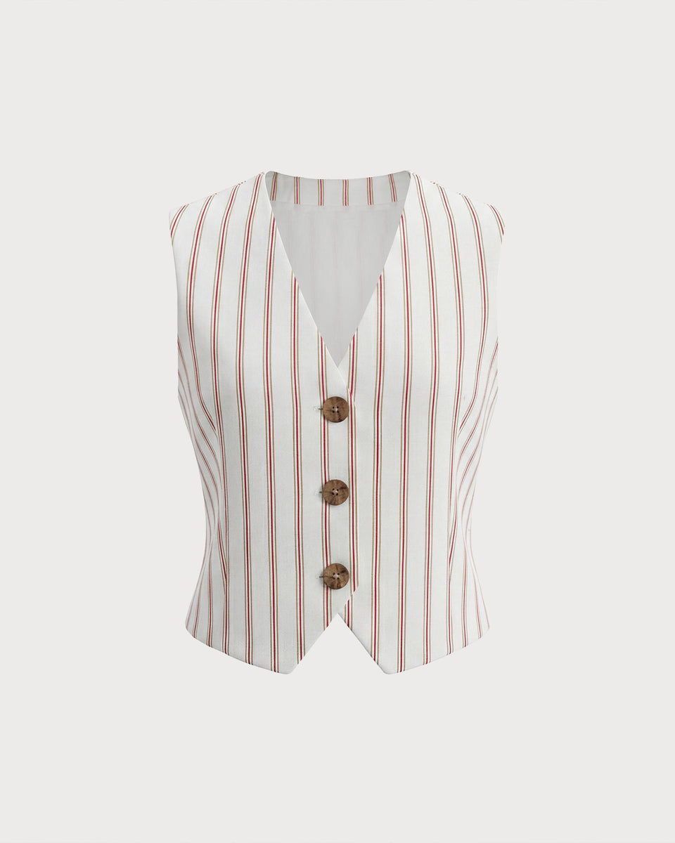 White V Neck Single Breasted Striped Vest & Reviews - White - Tops