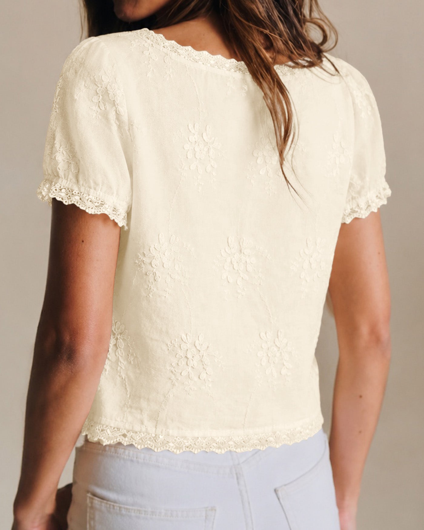 Apricot Square Neck Floral Button Tee 05