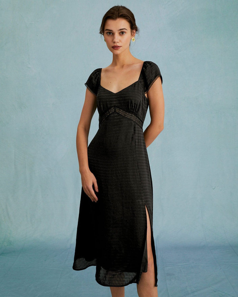 The Black V Neck Lace Spliced Short Sleeve Midi Dress & Reviews - Black - Dresses | RIHOAS