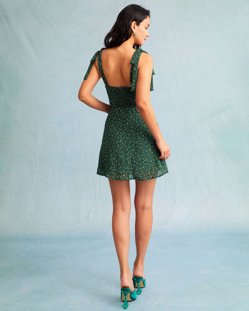 The A-Line Floral Mini Dress Green Dresses - RIHOAS