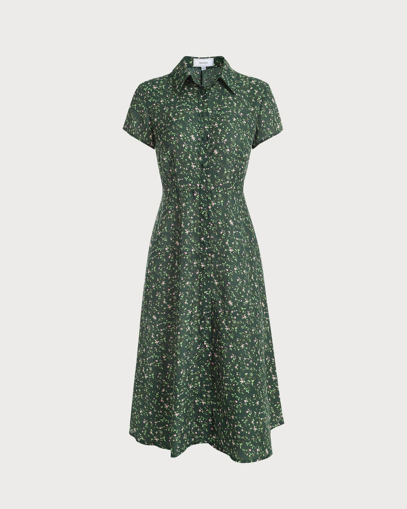 The Green Collared Ditsy Floral Midi Dress Dresses - RIHOAS