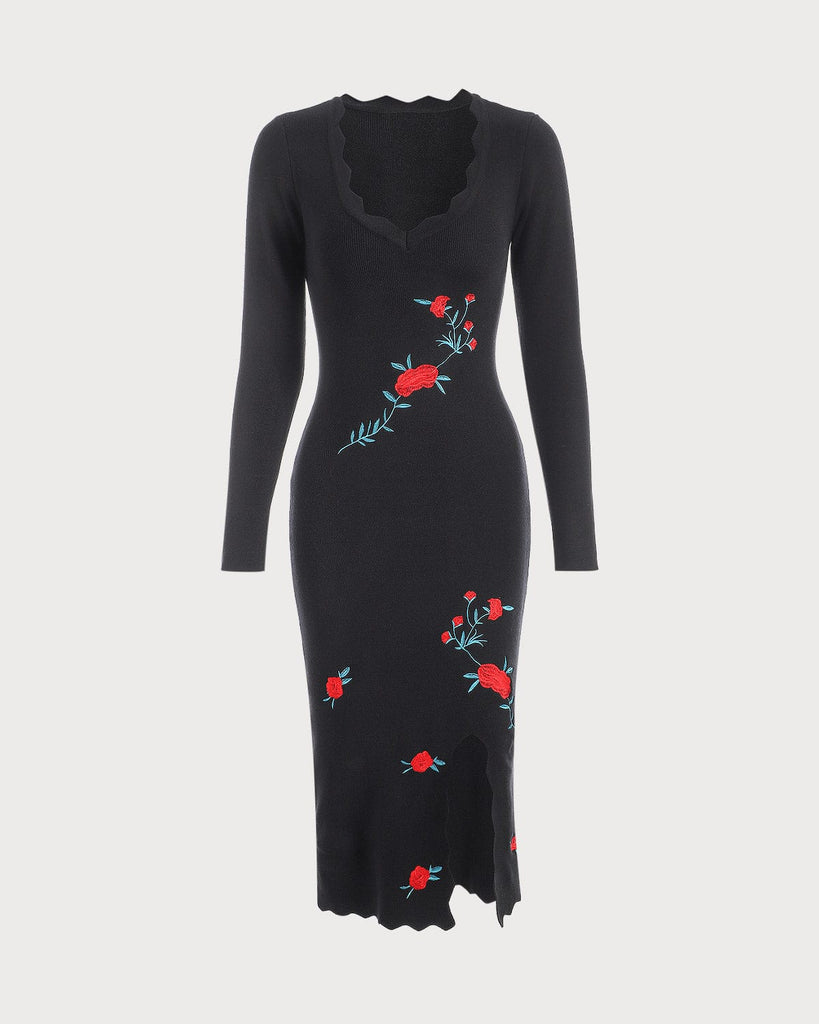 The Embroidered Side Slit Knit Midi Dress - RIHOAS