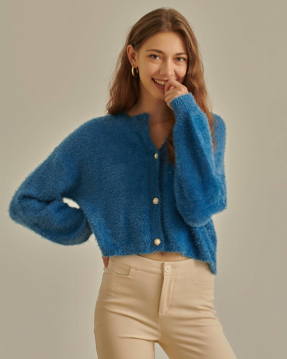 The Lustrous Fluffy Cardigan Women s Fuzzy Knit Cropped Button Cardigan Royal Blue Purple Tops RIHOAS