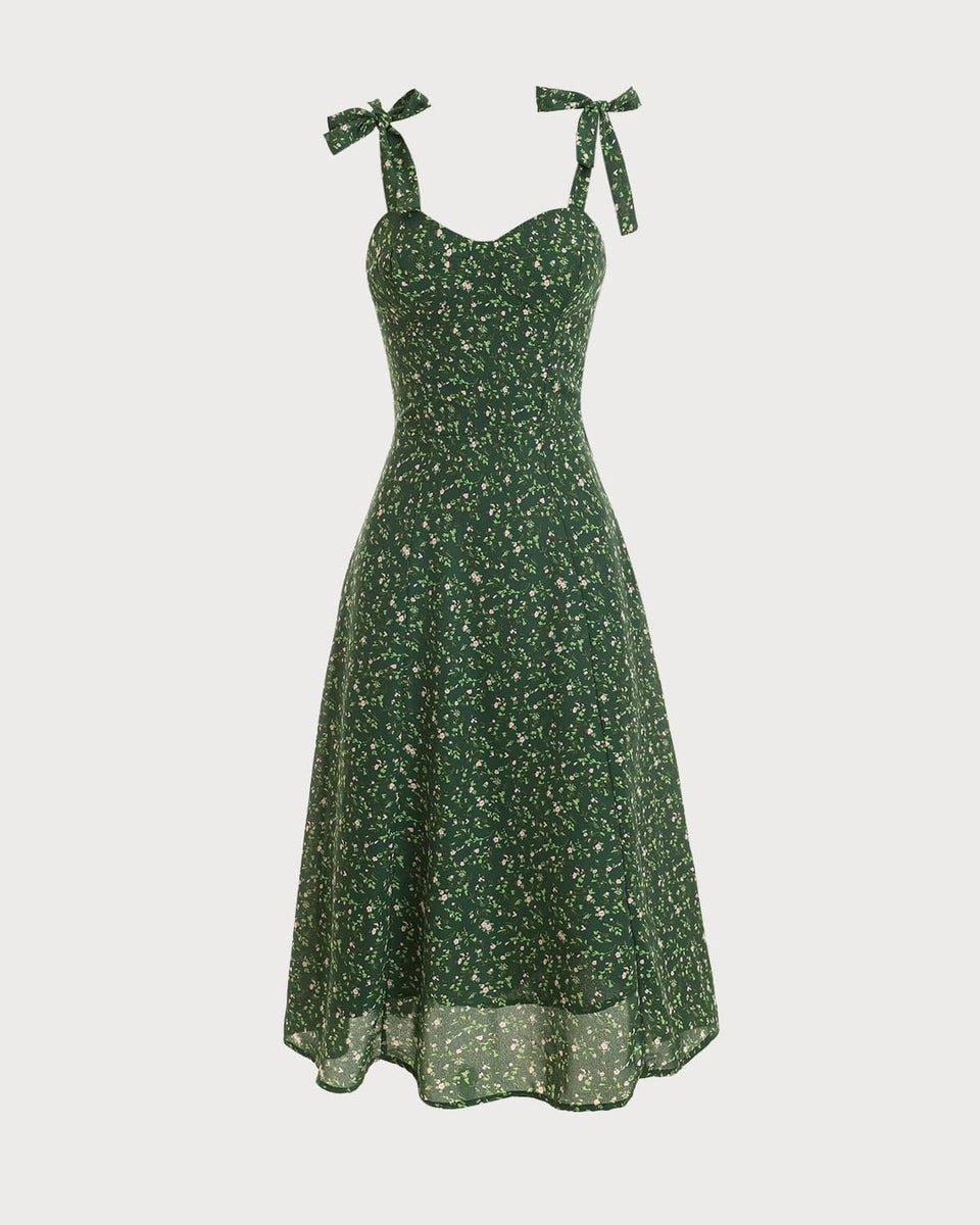 The Floral Tie Midi Dress -Sweetheart's Neck Floral Print High Waist Dress - Green - Dresses | RIHOAS The Floral Tie Midi Dress -Sweetheart's Neck Floral Print High Waist Dress - Green - Dresses | RIHOAS