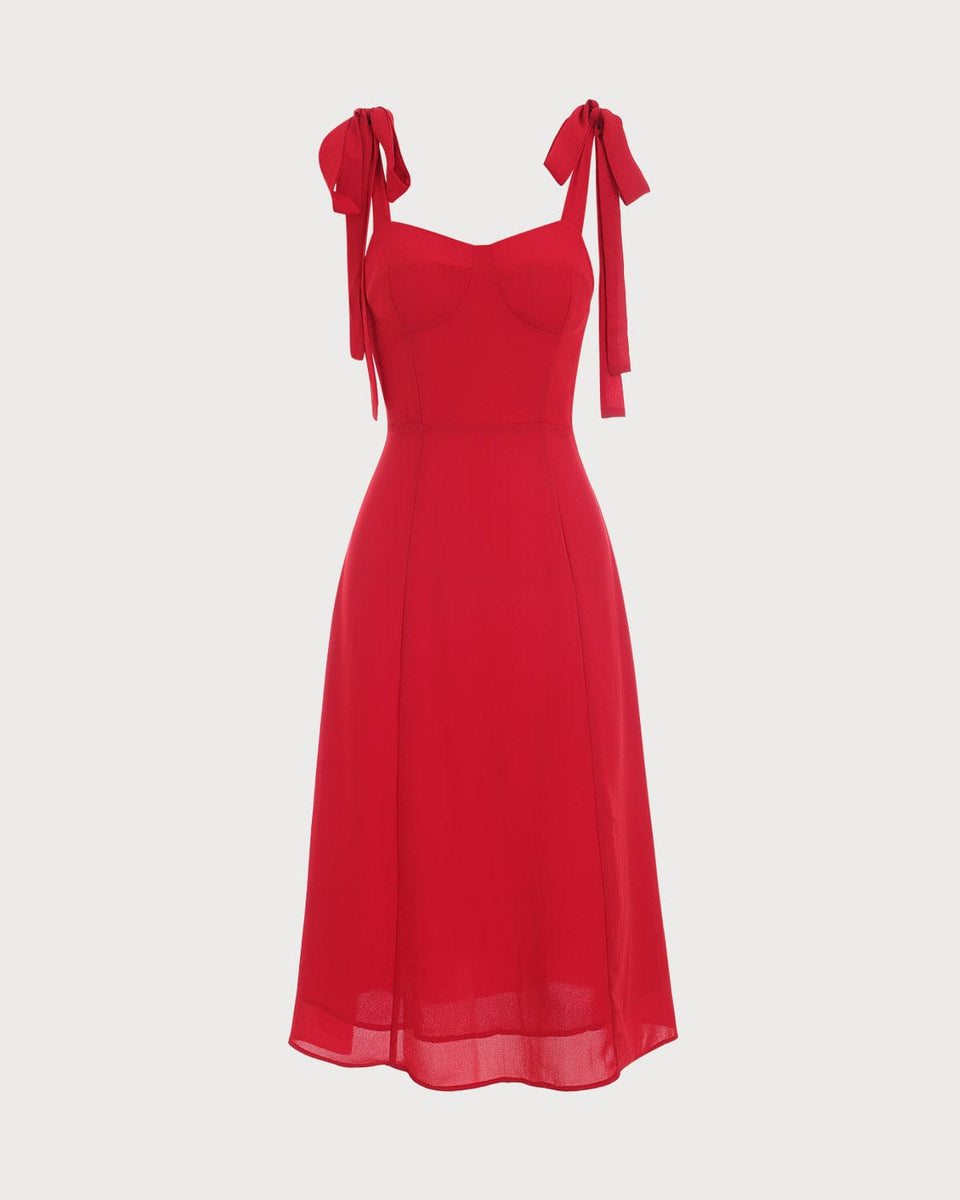 The Red Tie Strap Midi Dress Red Tie Strap, Front Tie Sweetheart Neck