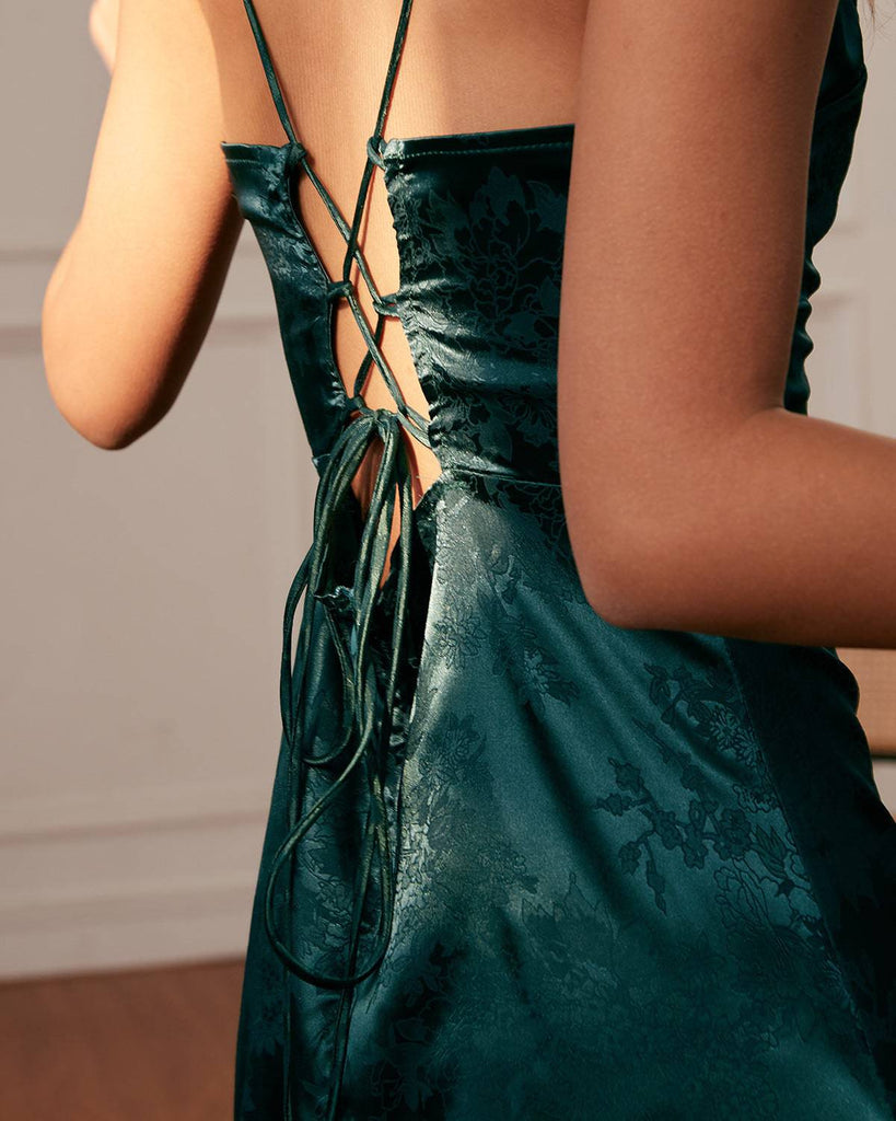 The Lace-up Back Jacquard Slip Dress - RIHOAS