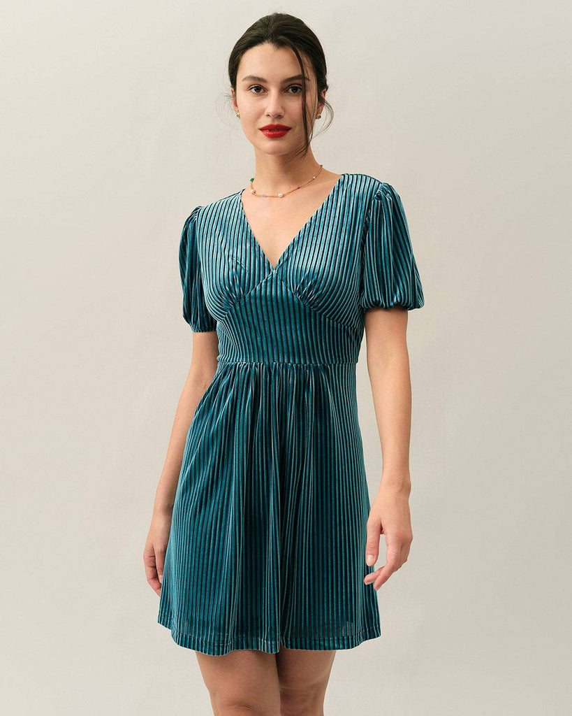 The Velvet Stripe Puff Sleeve Mini Dress - RIHOAS